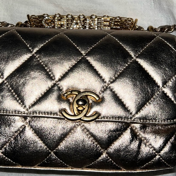 CHANEL (SOLD)Crystal Logo Letters Chain Handle Flap Quilted Lambskin Mini💎 - Picture 8 of 14